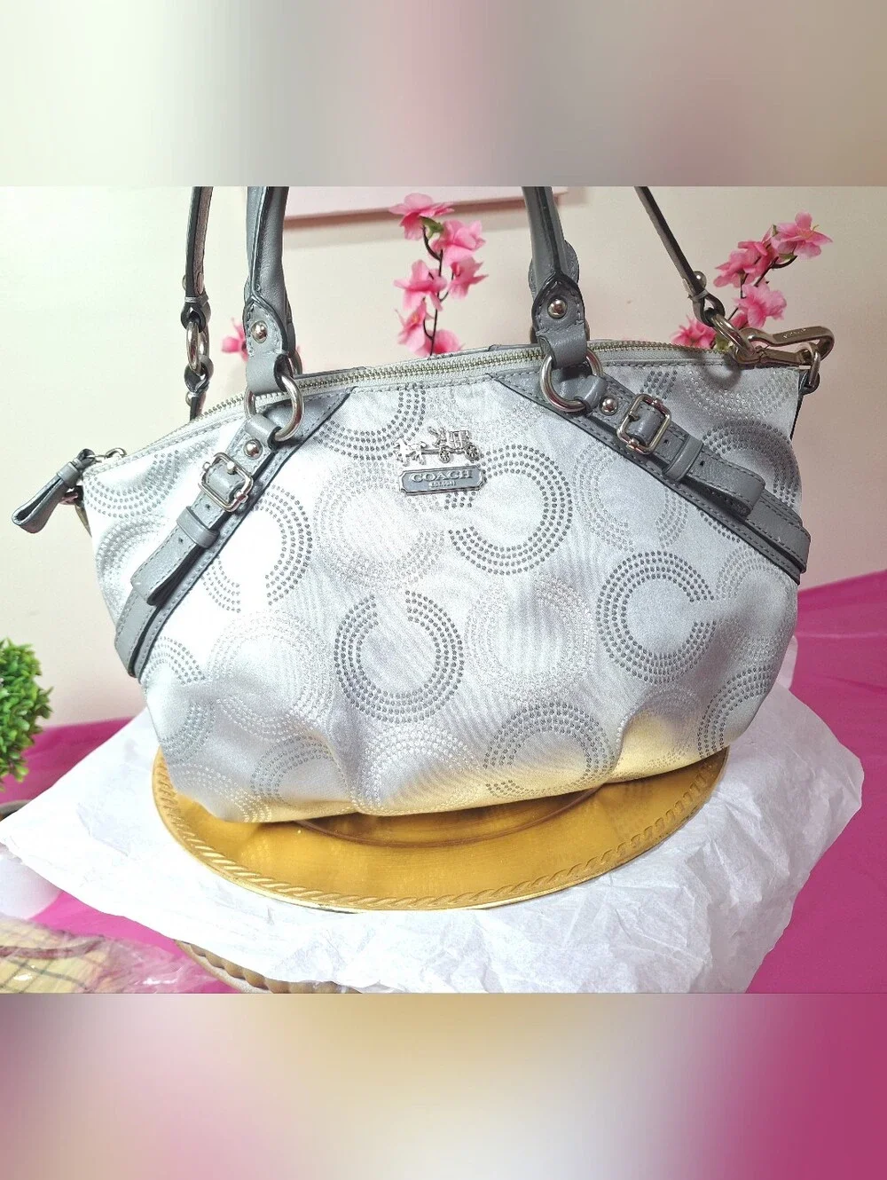 Coach Metallic Silver Signature Circle Shoulder Bag